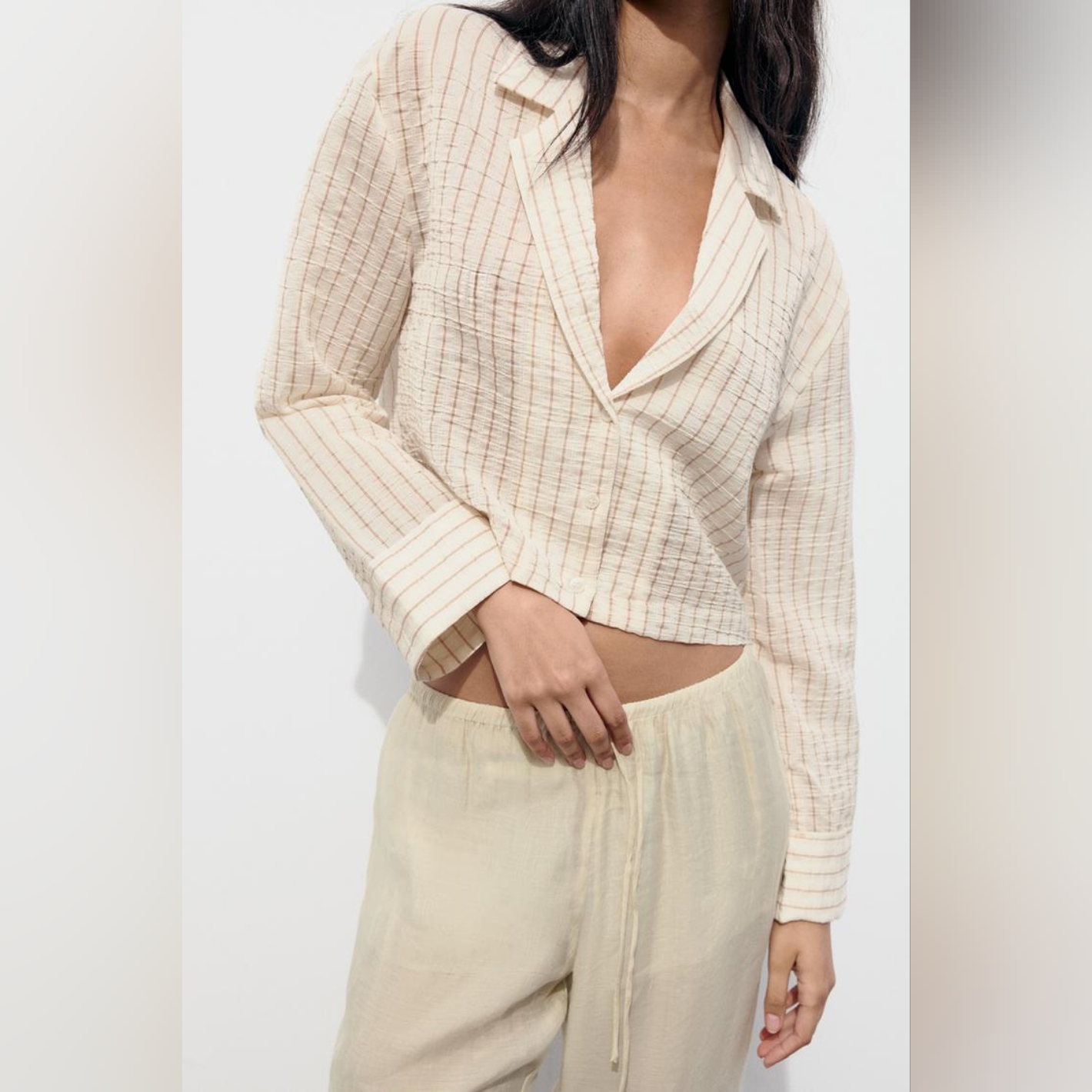 Zara Striped Wrinkle Effect Crop Shirt